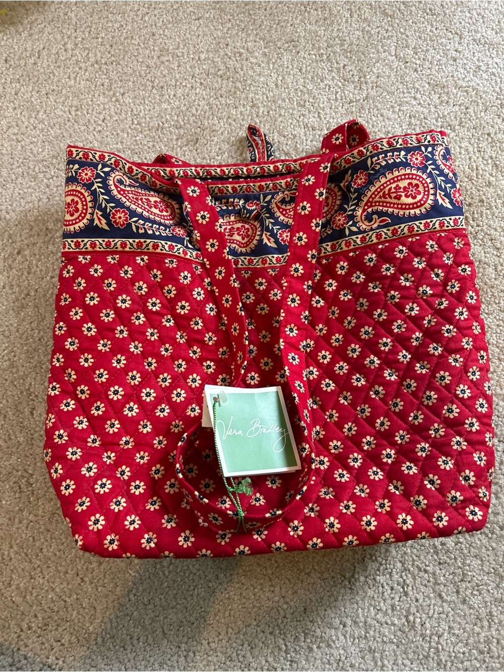 Vera Bradley Red Quilted Tote with Navy Paisley Border